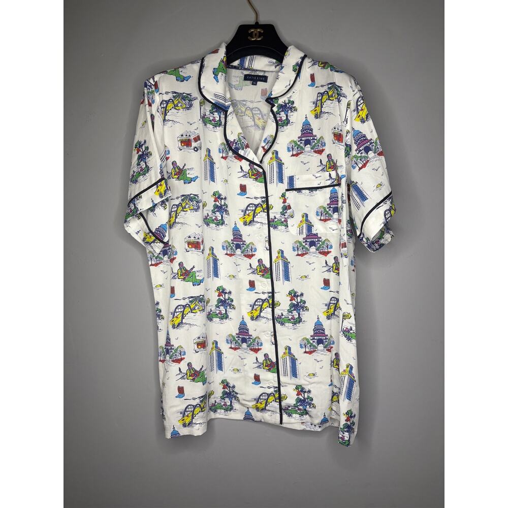 NWOT Katie Kime Women's Size XL White Button Down Print Pajama Sleep Top Shirt